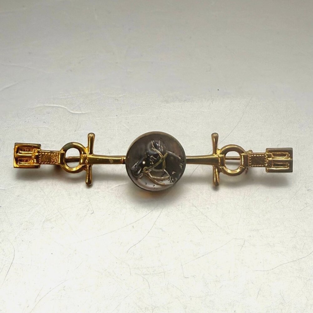 Vintage Gold Tone Horse Intaglio Bar Brooch | Equestrian Glass Cabochon Pin